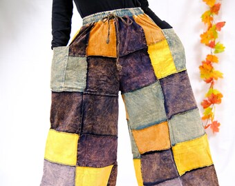 Patchwork Corduroy Wide Leg Pant, Handmade Patch  Boho Hippie Style Palazzo Pants, Retro Style Pants, Cotton Bohemian Style Colorful Trouser