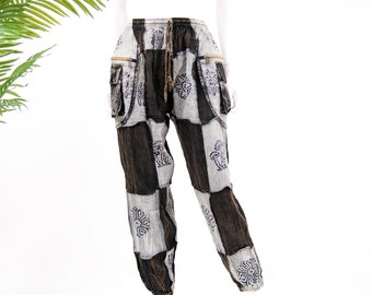 Patchwork Cotton Harem Pants, Gothic Patch Unisex Jogger Pants, Plus Size Inclusive Handmade Black/Gray Hippie Trousers, Boho Style, Hippie
