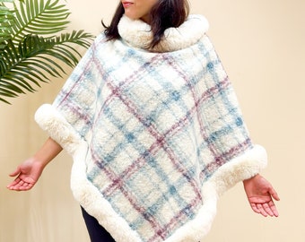 Winter Plaid Poncho With Faux Fur, Poncho Sweater, Cowl Neck Cover- Up, Hand Knitted Wool Wraps, Warm Winter Pull Over, Women Poncho/Cape