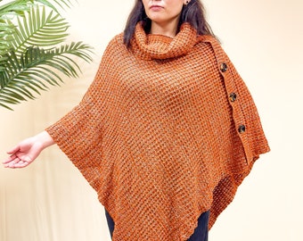 Knitted Turtle Neck Side Button Two Way Winter Poncho, Fall Spring Wrap, Cape Shwal, Pullover, One Size Poncho, Crocheted Winter Wrap