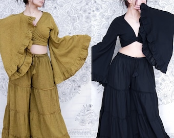 Flowy Tiered Pants, Cotton Wide LegPalazzo Pants,Bell Bottom Flare Pantswith Bell Sleeve Top, Boho+ Hippie Two Piece Set, Yoga Pants, Gothic