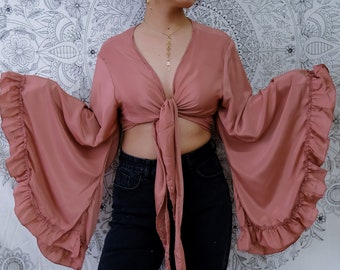 Bohemian Flare Bell Sleeve Tie Top, Boho Wrap Ruffle Top, 70s Style, FestivalCrop Top, 3 Way Tie Hippie Top, Butterfly Wrap Silk Free Spirit