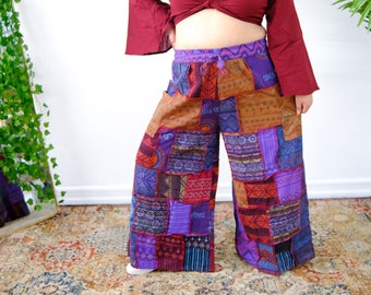 Hippie Patchwork Palazzo Pants, Unisex Wide Leg Festival Pants, Recycled Wide Leg Summer Trouser with Pockets, Bohemian Style, Boho Fashion