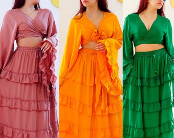 Flowy Tiered Long Skirt with Ruffle Sleeve Top, Boho + Hippie Two Piece Set, Bohemian Summer Skirt, Solid Colors, Retro Style Outfit, 90s