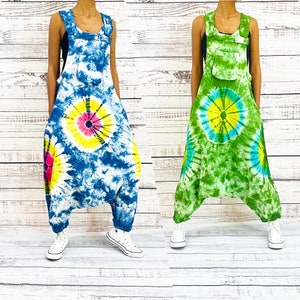 Tie Dye Overalls, Cotton Dungarees, Festival Clothing, Small to XXL Harem Jumpsuits, Hippie Jumpsuits, Summer Fashion, Low Crotch Pantsuit
