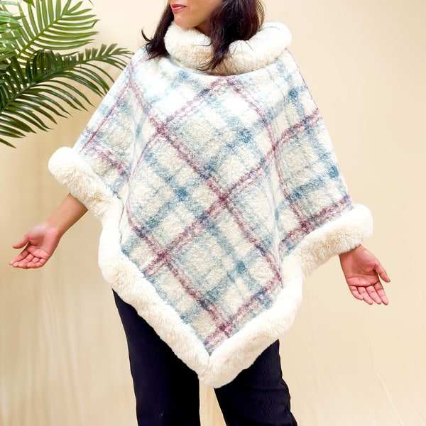 Winter Plaid Poncho With Faux Fur, Poncho Sweater, Cowl Neck Cover- Up, Hand Knitted Wool Wraps, Warm Winter Pull Over, Women Poncho/Cape