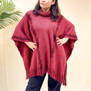 Women Fall Winter Knitwear Ponchos, Turtle Neck Sweater, Warm Cozy Wraps, Two Way Solid Color Boho Poncho, Handmade Pull Over, Fringe