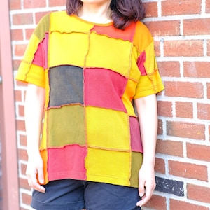 Patch Cotton Top, Unisex Patchwork Festival Tshirt, Grunge Style Hippie Half Sleeve Top, Patchwork Earthy Tone Top, Boho Style , 90s Style