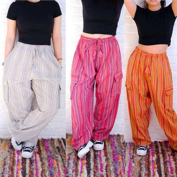 Pantalones cargo de algodón, pantalones de yoga boho hippie, pantalones de hombre/mujer, pantalones holgados boho hechos a mano, talla grande, pantalones de verano multicolor festival