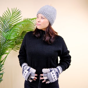 Hand Knit Winter Hat, Fleece Lined Winter Beanie, Merino Wool, Warm Unisex Winter Hat, Handmade Winter Soft Ski Hat, Gray/Black Boho Hat