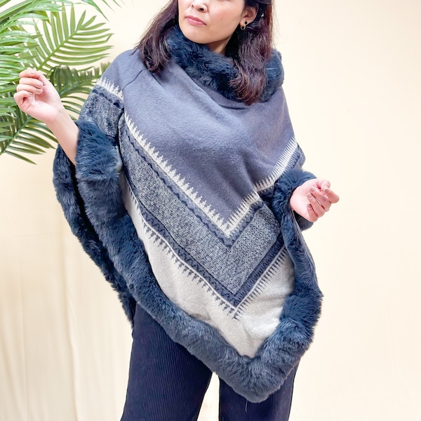 Women Winter Poncho, Warm Faux Fur Poncho, Oversized Blanket Sweater, One Size Knitted Woolen Throw, Poncho Wrap,Bohemian Wrap, Gift for her