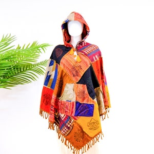 Patchwork  Winter Ponchos with Hoodie,Handmade Fall Boho Warm Wraps, Block Print, Mushroom Print Pull Over,70s Style Oversized Unisex Poncho