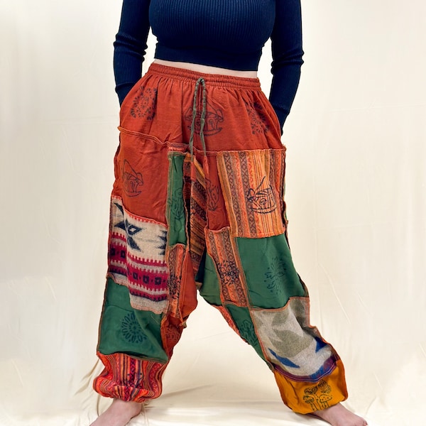 Pantalon harem patchwork en laine mélangée, pantalon d’hiver à entrejambe bas patch fait à la main, pantalon chaud de style Boho unisexe Aladdin, joggeurs colorés extensibles