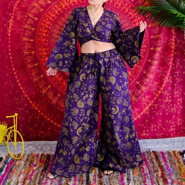 Boho Hippie Two Piece Pant + Tie Top Set, Whimsical Outfit, Mushroom/Celestial Print Wide Leg Pants with Flare Sleeve, 90s Aesthetic, Cotton