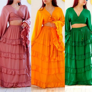 Flowy Tiered Long Skirt with Ruffle Sleeve Top, Boho + Hippie Two Piece Set, Bohemian Summer Skirt, Solid Colors, Retro Style Outfit, 90s