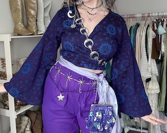 Celestial Print Boho Bell Sleeve Top, Festival Wrap Crop Top