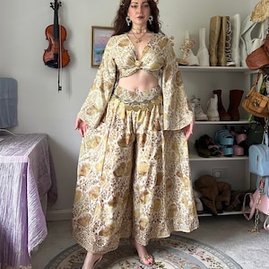 Jaren 70 broekset, palazzo-broek met wijde pijpen en stropdas top, hippie boho 2-delige broek + top outfit, vloeiende zomerbroek, bijpassende set, fee