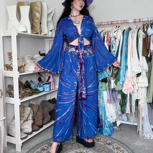 Tie Dye Palazzo Pant with Bell Sleeve Top, Two Piece Outfit, Wide Leg Pants, XS- 3XL, Hippie Boho Top, Summer Beach Pants, Festival Pants