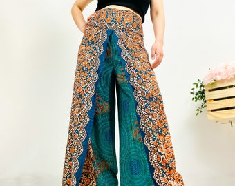 Summer Slit Pants, Wide Leg Trousers, Harem Pants, Tall, Plus Size Trousers, Mandala Print Bohemian Pants, Open Leg Trousers, Palazzo Pant