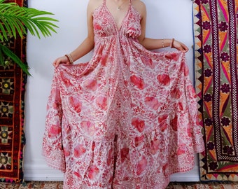 Silk Long Backless Dress, Boho Bridesmaid Gift, Spell Style Floral Full Length dress, Maxi Dress, Floral Midi Dress with Frill, Sleeveless