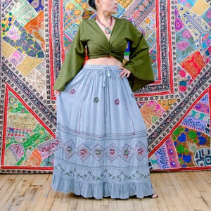 Flowy Tiered Pocket Cotton Summer Skirt, Hand Embroidery Flare Long Maxi Skirt, Boho Style, Batik Designs, Bohemian Earth Tone Color, Fairy Gray
