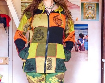 Patchwork Fall/Winter Jacket, Unisex Patch Sweatshirt,70s Hippie Hoodie, Vintage Fashion,Bamboo Cotton Handmade Boho Jacket, Zippered Duster