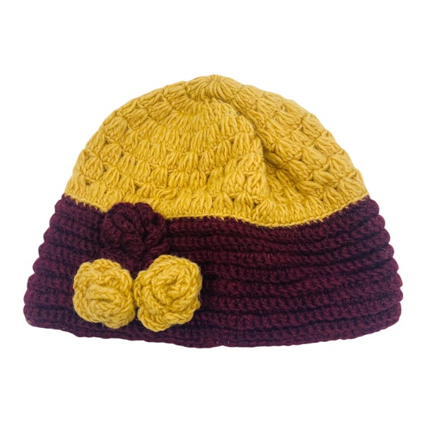 Crocheted Winter Hats, Handmade Hat from Nepal, Flower Design Hat, Wool Women Warm Hats, Winter Accessories,  Fleece Lined Hat, Handknit Hat