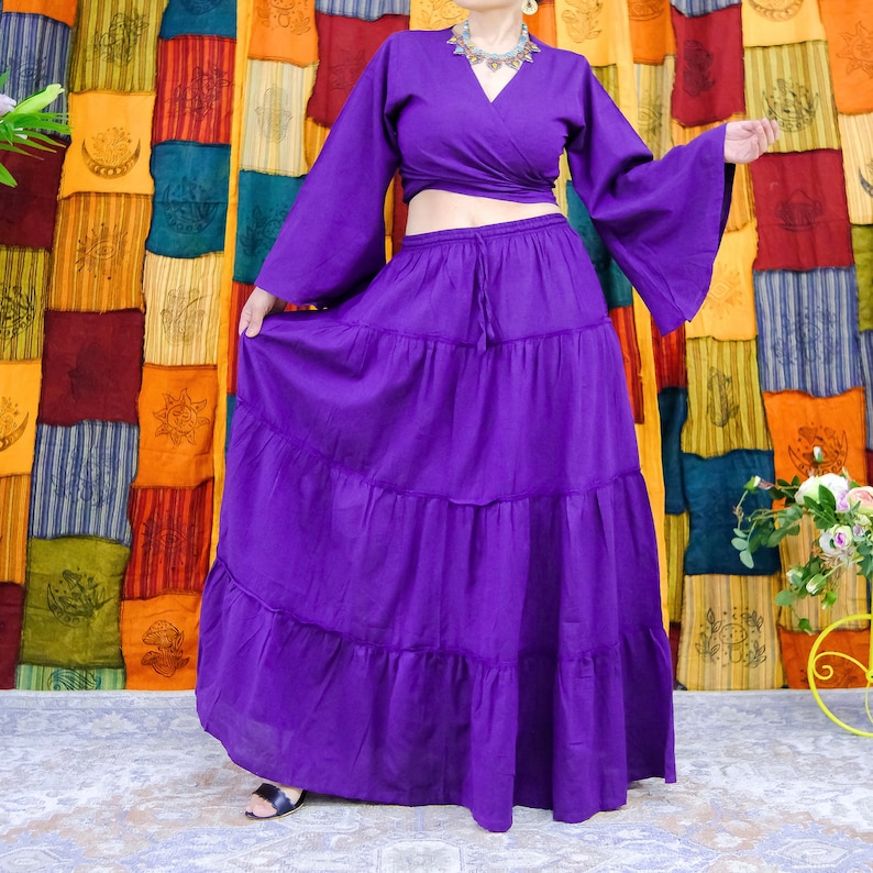 Flowy Skirt Set with Flare Sleeve Top, Boho Tiered Cotton Skirt, Bohemian Hippie Summer Outfit, Long Maxi Solid Skirt, Two Piece Set, Retro Purple