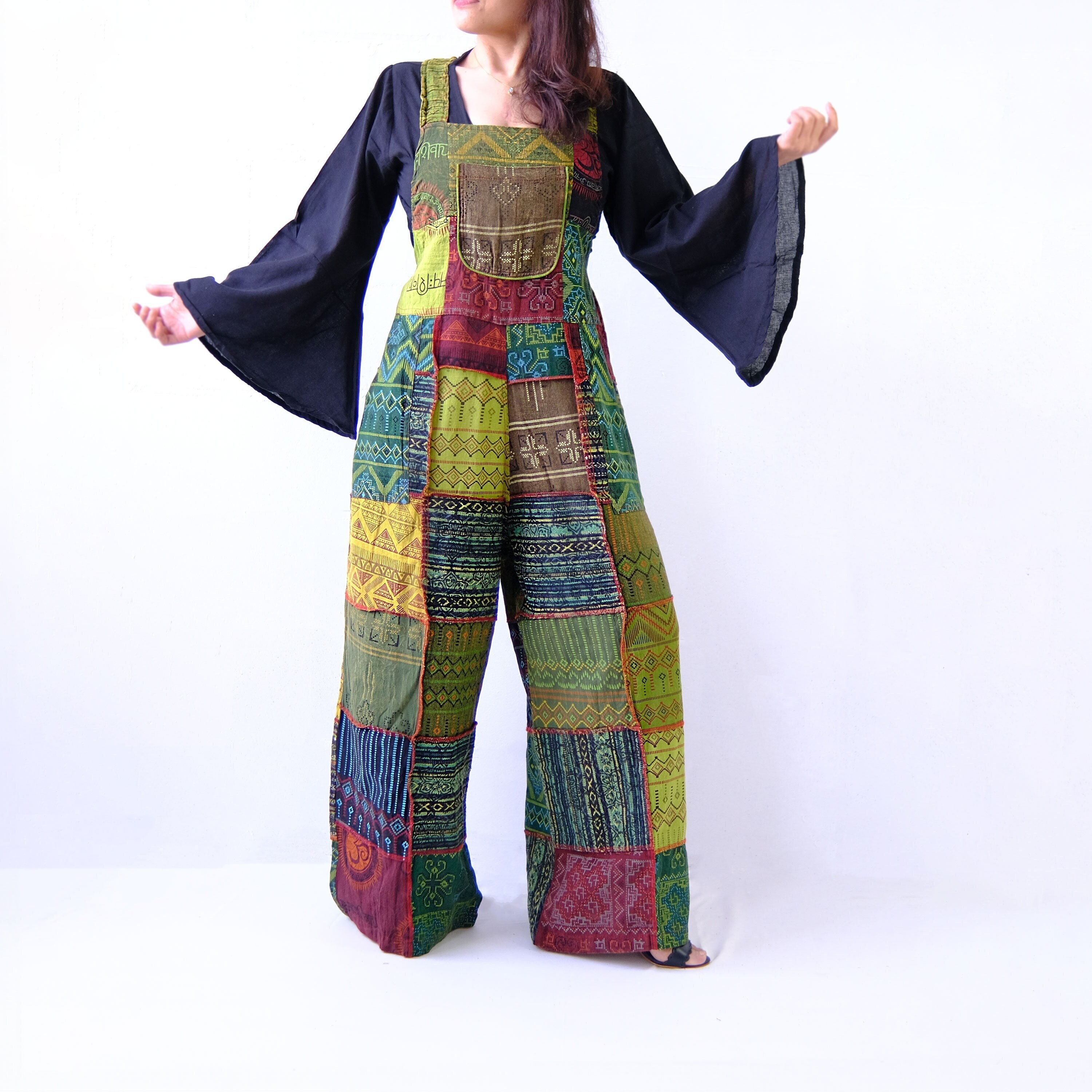 discounted order Patchwork Jumpsuits, Overall Cotton Wide - Leg Print  Overalls, Boho Temu Jumper, Overall Canada Festival Outfit, Boho Jumpsuit  XS-3X, Baggy Jumpsuit Bohemian Summer Jumpsuit, Handmade, Hippie Style 