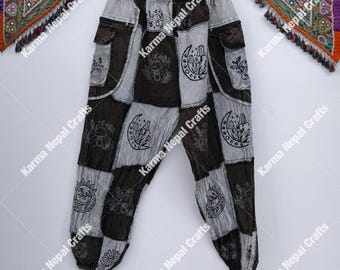 Patchwork Cotton Harem Pants, Gothic Patch Unisex Jogger