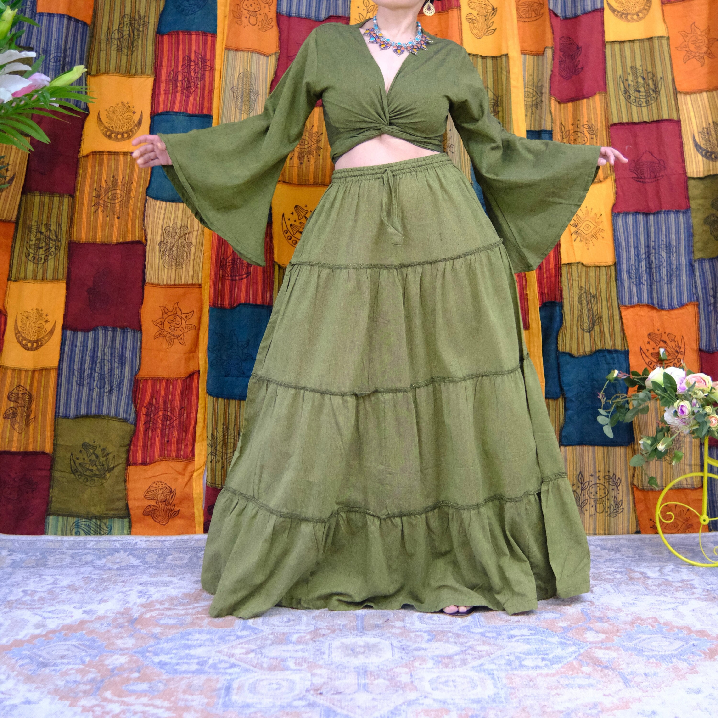 Flowy Skirt Set With Flare Sleeve Top, Boho Tiered Cotton