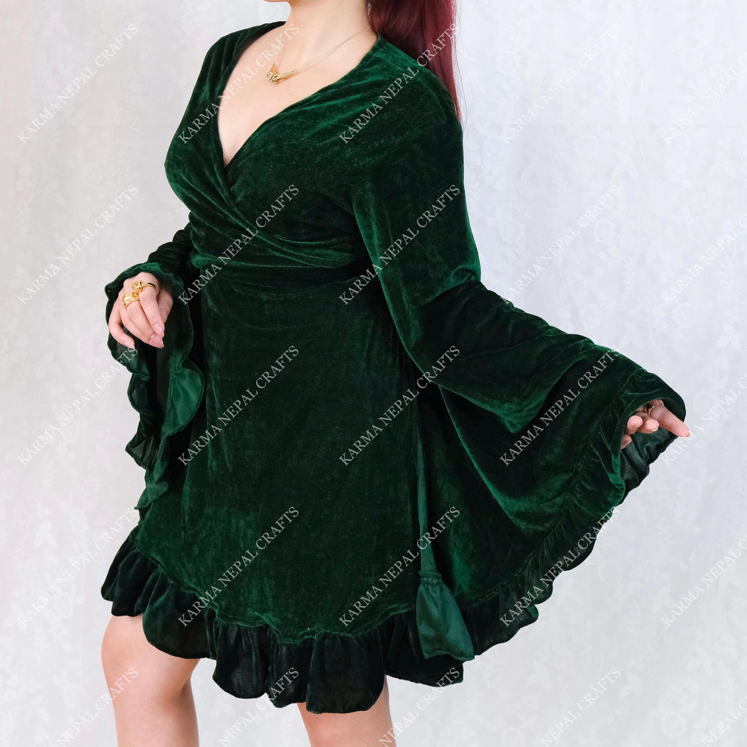 Wenrine Women's Velvet Wrap Mini Dress - V Neck Long Sleeve Ruffle Club Dress - View #6