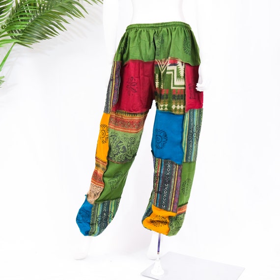 Joggers de invierno con parches pantalones hippies de mezcla de lana unisex estampado en bloque pantalones de yoga haren hechos a mano pantalones holgados a cuadros boho estampado de setas Etsy