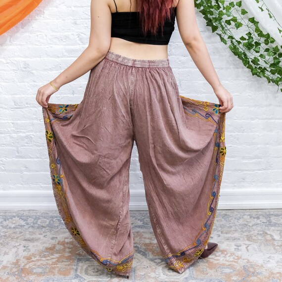 Buy Flowy Wide Leg Embroidery Pants, Boho Palazzo Pants, Yoga Slit  