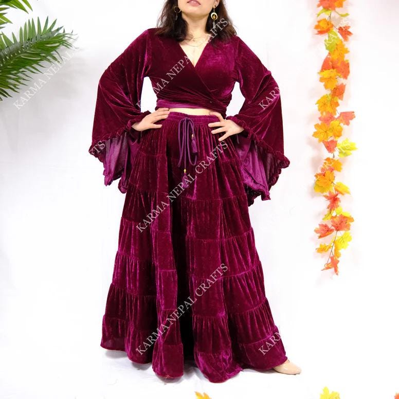 Bohemian Style Velvet Flowy Skirt, Maxi Skirt, Women 70s