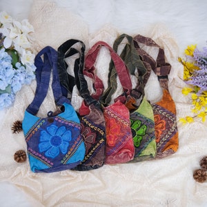 Sacs en coton brodés à la main, Cartable en coton, Sac à fermeture éclair de taille moyenne avec motif floral, Sac écologique, Sacs de plage hippie bohème, Sac à main festival à bandoulière