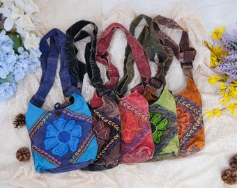 Hand Embroidered Cotton Bags, Cotton Satchel Bag, Flower Design Medium Size Zippered Bag, Eco Bag,Boho HippieBeach Bags, Sling FestivalPurse