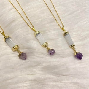 Amethyst Kristall Halskette, Selenit Kristall Schmuck, Handgemachter Kristall Schmuck, Kristall Spitze Halskette, Geschenk für Sie, Boho Schmuck