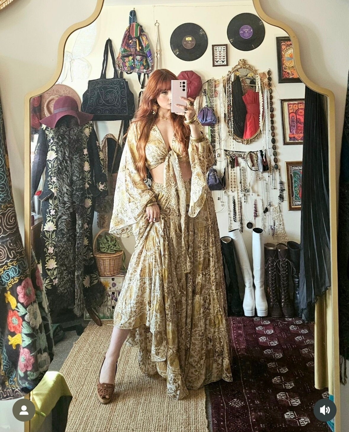 Bohemian Long Ruffle Skirt and Bell Sleeve Top, Festival Summer Skirt, Vintage Flowy Elegant Recycled Silk , Hippie Maxi Skirt, Retro Style