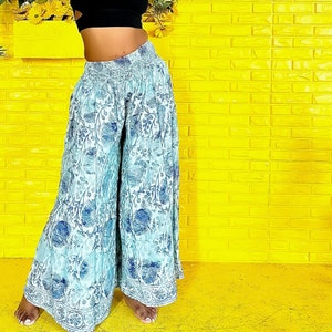 Silk Palazzo Pant, Wide leg Flower printed Palazzo Pant, Palazzo Trousers, Loung Pant, Loose Fit Pants, Handmade festival Pants, Flowy Pants Blue