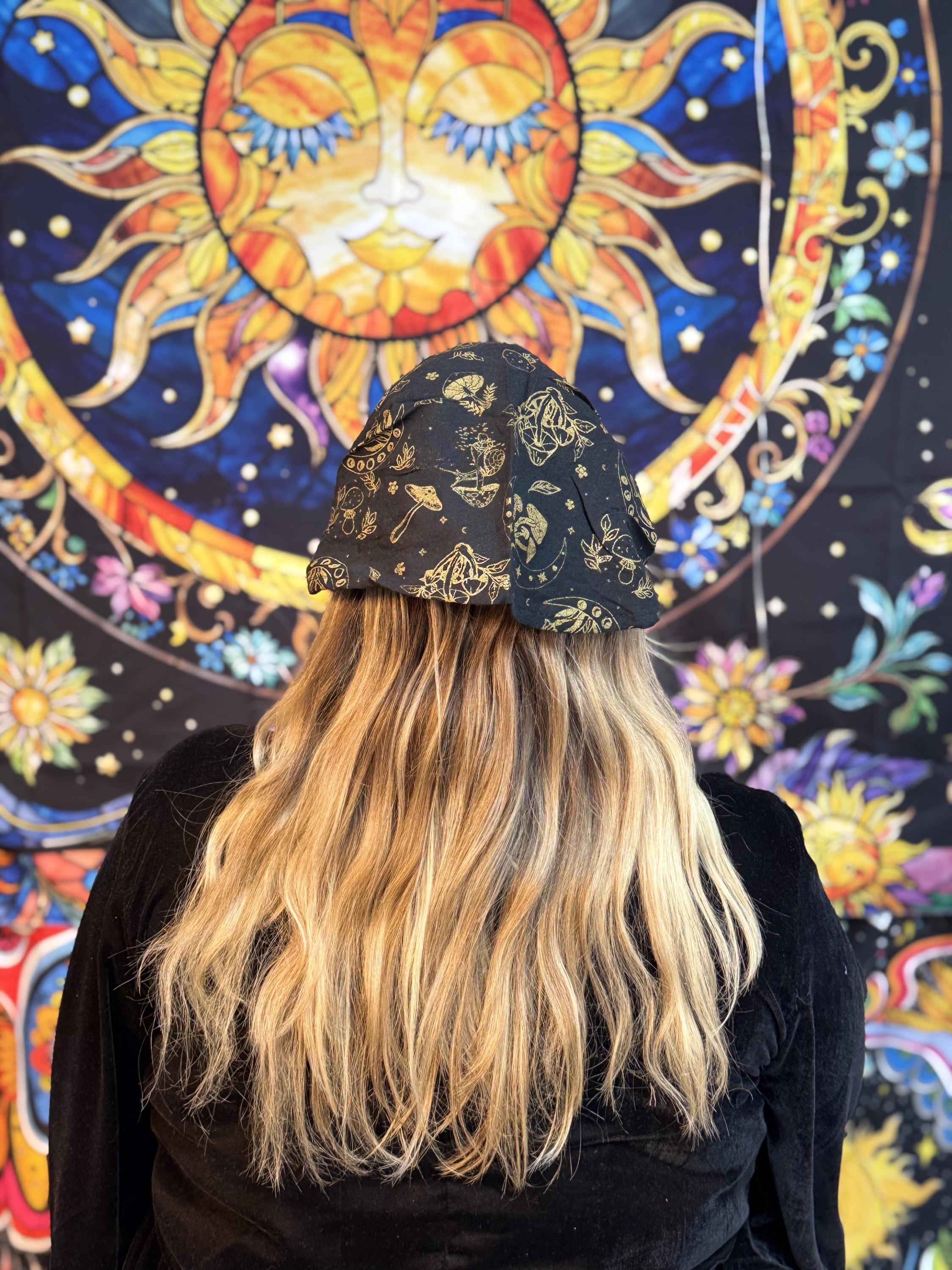 Celestial Witchy Mushroom Handmade Cotton Head Band,Stretchy Bohemian Style Hair Wrap,Hippie Boho Cute Bandana, Earth Tone, Hair Accessories