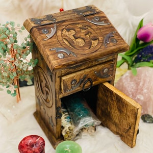 Wooden Om Cupboards, Wood Altar Box, Stash Box, Crystals Divination Box, Hand Carved - Pentacle Herb Storage, Tarot Box, Vintage Gift