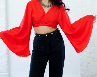 Bohemian Wrap Top, Recycled Silk Boho Tie Top, Retro Style Crop Top, Plus  Size, Hippie Top, Bell Sleeves Top, Flare Sleeve Summer 3 Way Top