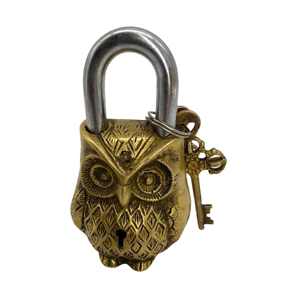Green Owl Padlock Antique Vintage Style Handmade Solid Brass Security Lock & Key 
