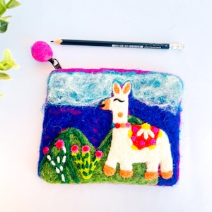 Monedero de moneda de llama de fieltro, bolsa de cambio única, bolso ecológico, bolso de viaje, regalo para ella/él, PomPom ZipperPouch, FeltWallets, HolidayGift