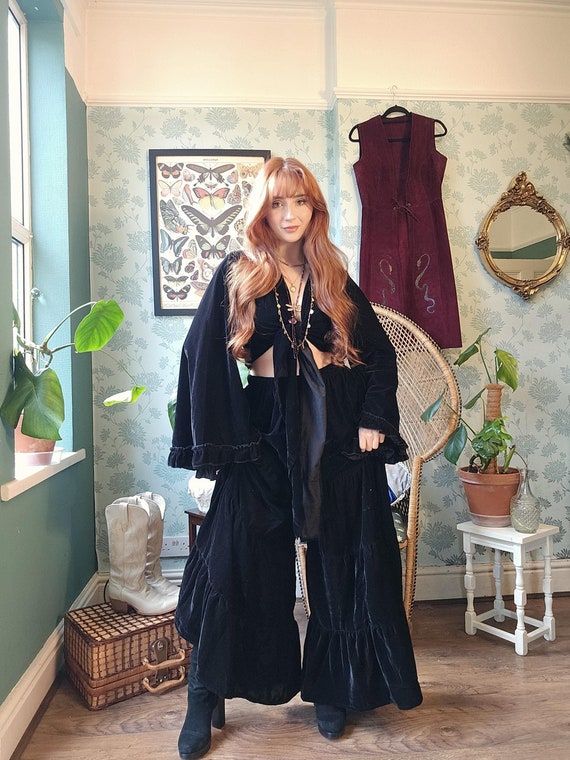 Flowy Velvet Tiered Pants With Ruffle Sleeve Top Flare Wide Leg Pants Set Boho Hippie Fall Winter Fashion Bohemian Goddess Witchy Outfits Etsy UK