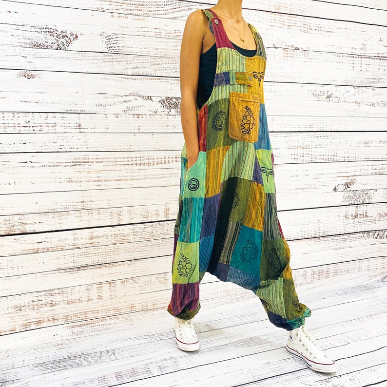 Harem Jumpsuits, Hippie Overalls, Colorful Low Crotch Jumpsuit, Festival Pants, Bohemian Pantsuit, Patchwork Dungarees, Summer Fashion image 5