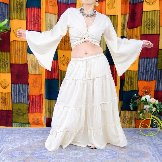 Flowy Skirt Set With Flare Sleeve Top, Boho Tiered Cotton