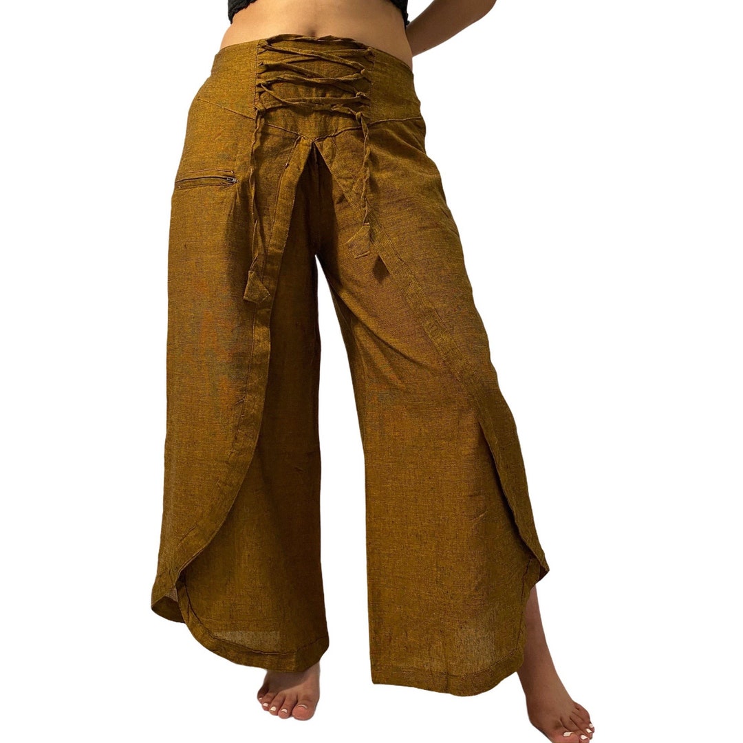 Nepali Cotton Solid Double Layer Palazzo Pants, Wide Leg Nepali Cotton Solid Double Layer Palazzo Pants, Wide Leg