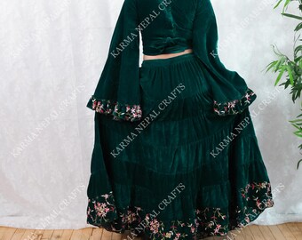 Velvet Flowy Skirt With Hand Embroidery Wrap Top,women 70s